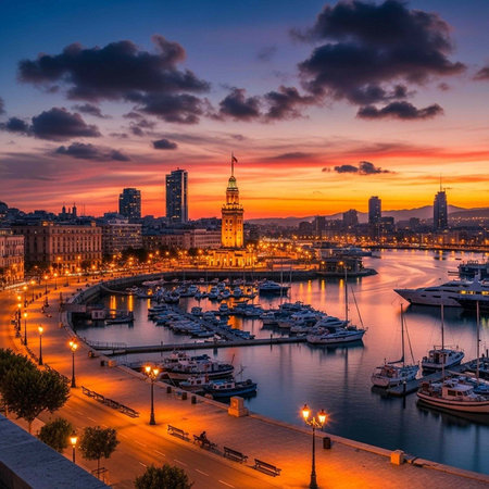 A serene cityscape at sunset featuring a bustling harbor with boats and a vibrant skylineの写真素材