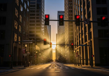 A serene cityscape at sunrise with traffic lights and tall buildings lining the empty street