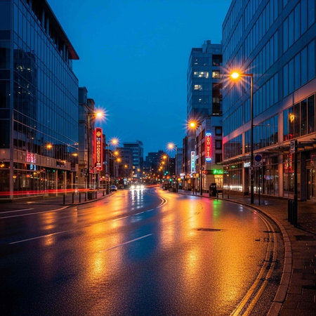 A city street at dusk with modern buildings and streetlights reflecting off the wet pavementの写真素材