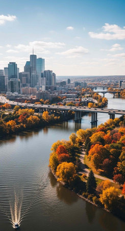 Aerial view of a city skyline with a river and bridge surrounded by autumn foliage under a blue sky