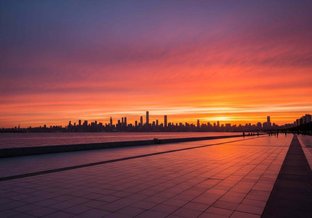 A serene cityscape at sunset with a paved walkway and a vibrant skyの写真素材