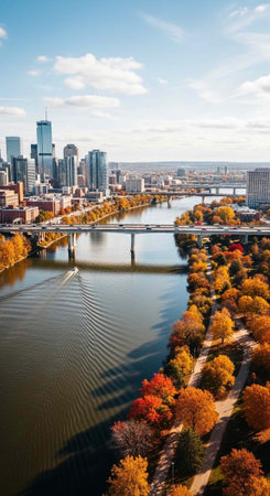 Aerial view of a city skyline with a river and trees in autumn colors under a blue skyの写真素材