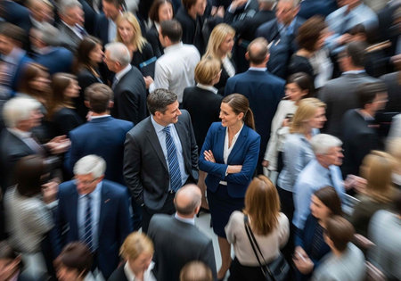 A man and woman in business attire standing out in a crowded room with many peopleの写真素材