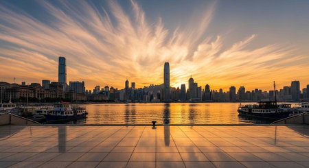A serene cityscape at sunset with boats docked in the harbor and skyscrapers in the background
