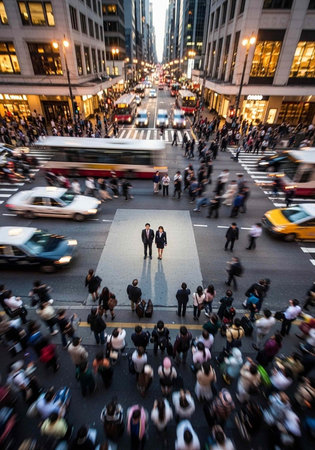 A busy city street with a couple standing still amidst the crowd and traffic