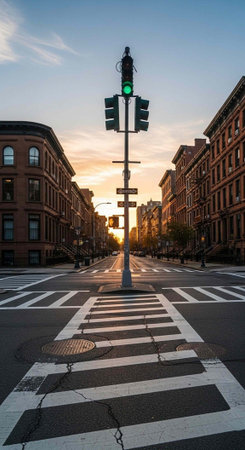 A serene city street at sunset with a traffic light and crosswalk in the foreground