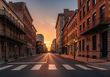 A serene city street at sunset with historic brick buildings and a peaceful atmosphere