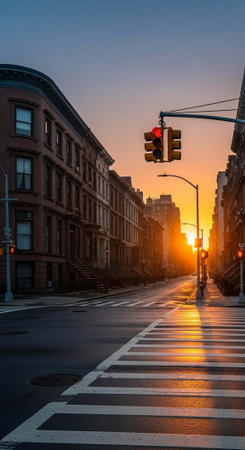 A serene city street at sunset with a traffic light and crosswalk in the foregroundの写真素材