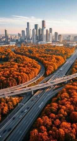 Aerial view of a city skyline with a highway system surrounded by vibrant orange trees in autumnの写真素材