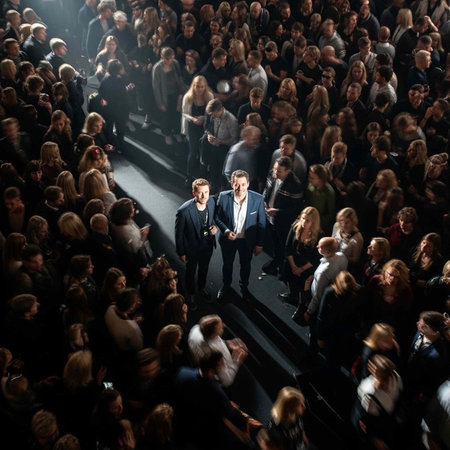 Two men in suits standing confidently on a stage in front of a large audience at a business eventの写真素材