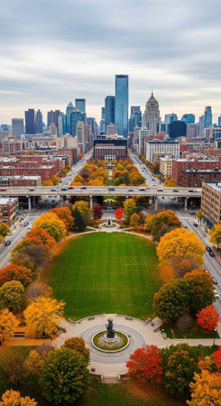 Aerial view of a vibrant city park surrounded by autumn foliage and skyscrapers under a cloudy sky