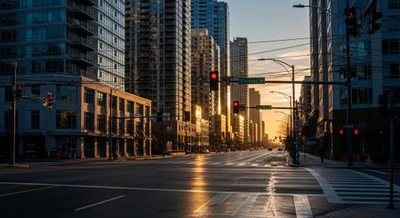 A serene cityscape at sunrise with tall buildings and empty streets reflecting the morning light