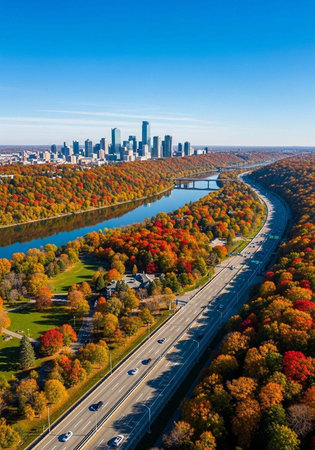 Aerial view of a city skyline with a river and highway running through a colorful autumn landscape