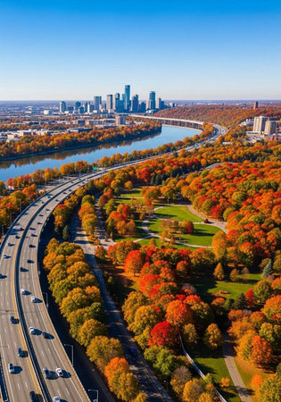 Aerial view of a city skyline with a highway and trees displaying vibrant autumn colors under a clear blue skyの写真素材