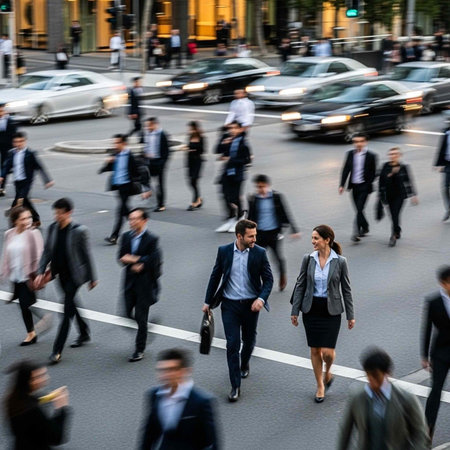 A busy street scene with people walking across an urban road during rush hour in a cityの写真素材
