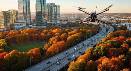 A drone flies over a busy highway surrounded by vibrant autumn trees in a modern cityscape