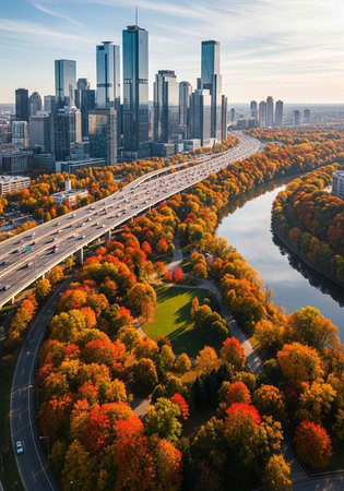 Aerial view of a city skyline with a river and autumnal trees in the foreground