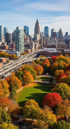 Aerial view of a vibrant city park with colorful trees and a bustling metropolis in the backgroundの写真素材