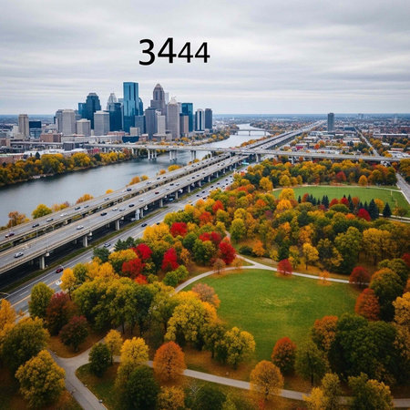 Aerial view of a city skyline with a park and highway in the foreground during autumn