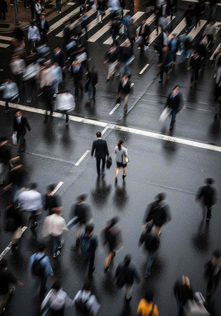 A busy city street with people walking in all directions on a rainy day in an urban environmentの写真素材