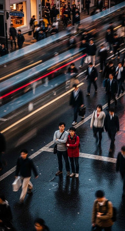 A bustling city street scene with people walking and blurred motion from traffic at night