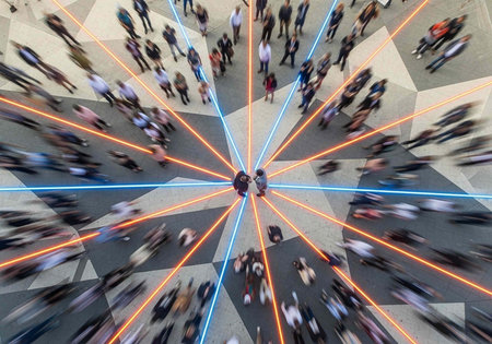 A bustling city street with people walking in all directions, surrounded by vibrant orange and blue...
