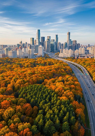 Aerial view of a city skyline with a highway and autumn trees in the foreground under a blue sky