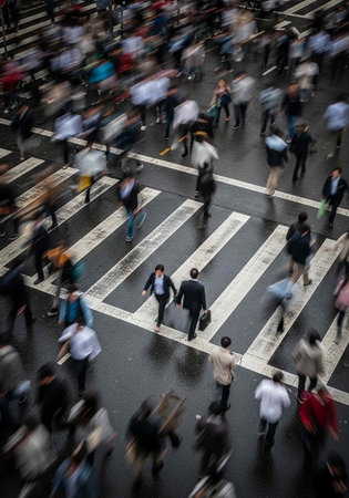 A bustling city street with people crossing the road on a crosswalk on a busy dayの写真素材