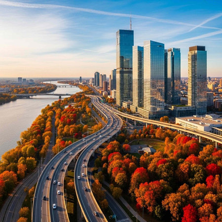Aerial view of a modern cityscape with a river and highway on a beautiful autumn day with skyscrapersの写真素材