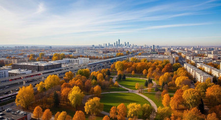 Aerial view of a vibrant city park with autumn foliage and a distant skyline under a blue sky