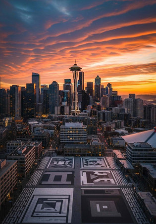 Aerial view of Seattle cityscape at sunset with Space Needle and vibrant skyの写真素材