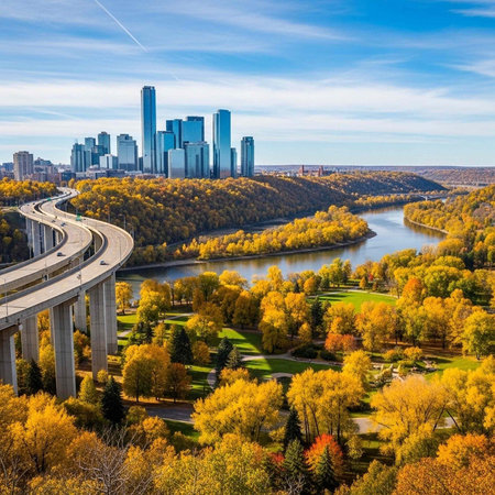 Aerial view of a city skyline with a river and park in the foreground during autumn