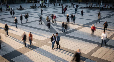 Aerial view of people walking in a busy public square with a geometric patterned floorの写真素材
