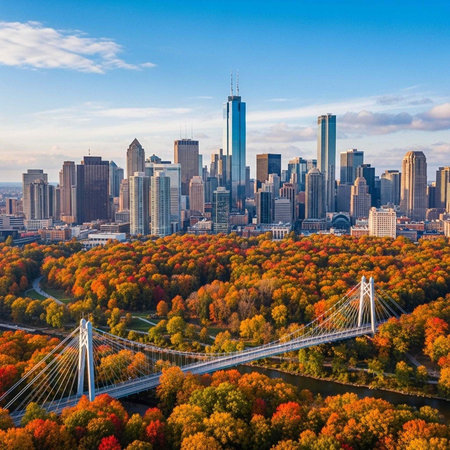 Aerial view of a vibrant city skyline with a suspension bridge and autumnal trees under a blue sky