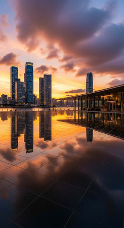 A serene cityscape at sunset with modern skyscrapers reflected in a calm body of waterの写真素材