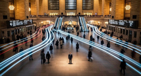 A bustling urban train station with people walking and escalators moving at nightの写真素材