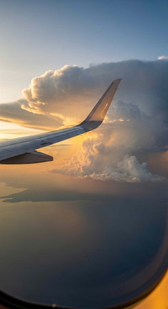 An airplane wing soars through a vibrant sky with clouds during a breathtaking sunset