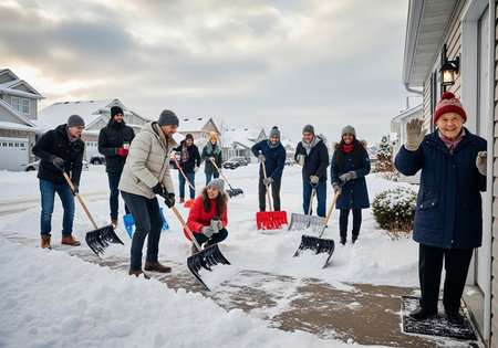 A group of people shoveling snow together on a residential street on a cloudy day.の写真素材
