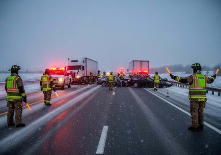 Emergency responders directing traffic on a snowy highway with multiple vehicles involved in a crashの写真素材