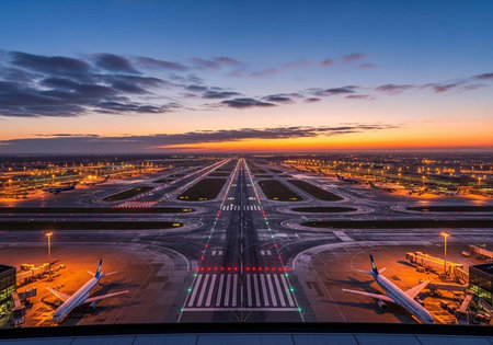 Aerial view of an airport runway at sunset with planes and city lights in the background
