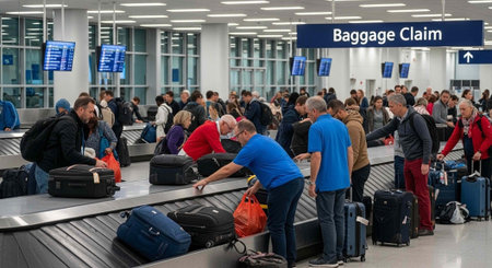 A crowded airport baggage claim area with people waiting for their luggage on a conveyor belt