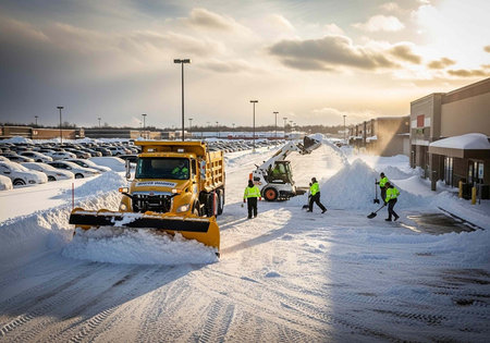 Snow removal team in bright vests clear parking lot with large yellow truck and small green machine