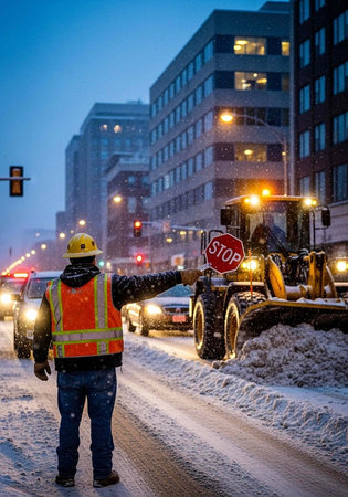 A construction worker directing traffic on a snowy city street at dusk with a stop sign