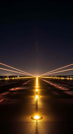 A dark airport runway stretches into the distance with bright lights and glowing lines in the night...