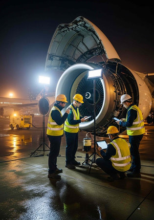 A team of maintenance workers inspect an airplane engine at night on the tarmac with bright lights...
