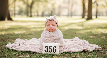 A serene baby wrapped in a blanket sits on a grassy field with a sign displaying the number 356の写真素材