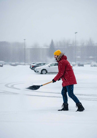 A woman in a red coat shoveling snow in a parking lot on a cold winter day.