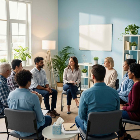A diverse group of people sitting in a circle for a meeting or therapy session in a modern room