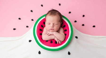 A baby sleeps peacefully inside a watermelon slice on a pink and white background with black seeds