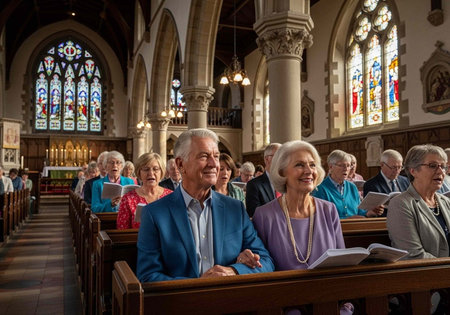 A group of elderly people sitting in a church and singing hymns during a service